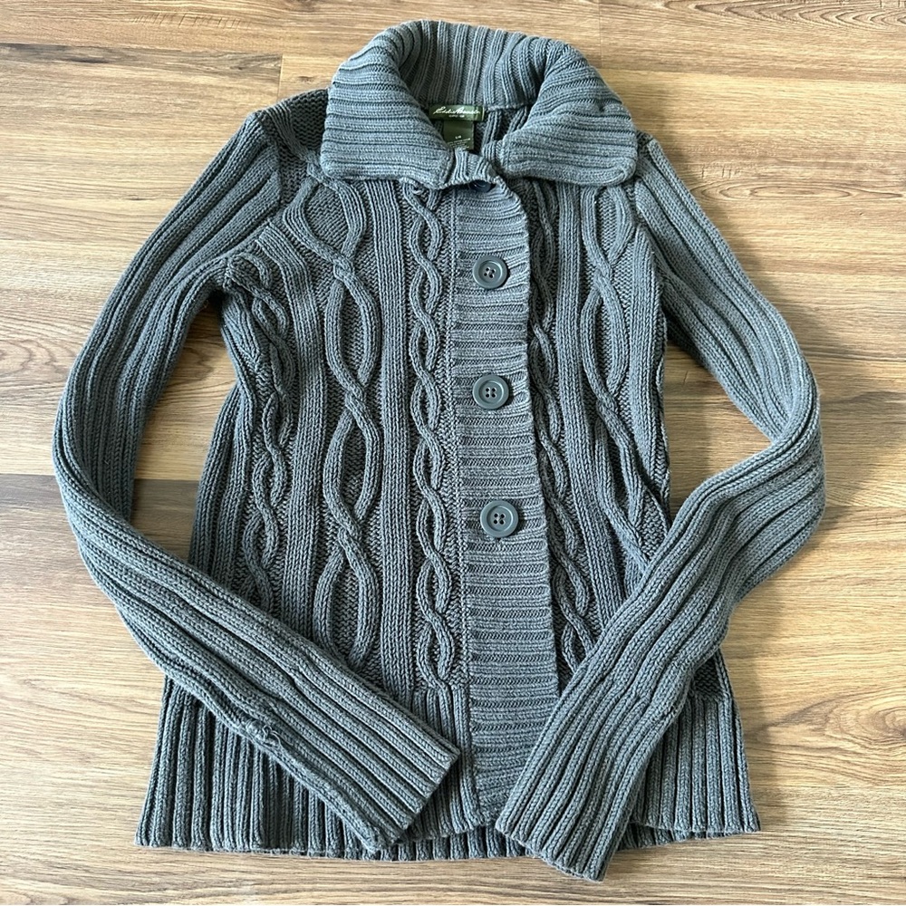 VTG Eddie Bauer Cable Knit Cardigan Sweater Women Large Gray Fisherman 90s Cabin